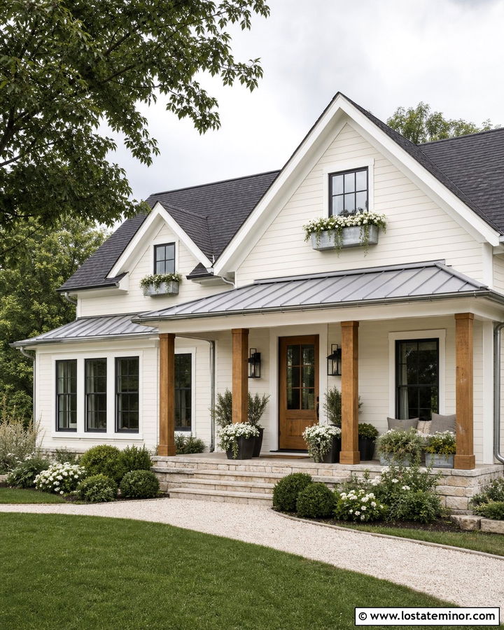 Off White Farmhouse With Galvanized Window Boxes - 30 Off White House Design With Window Boxes Ideas