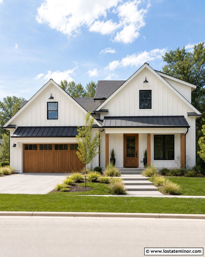Off White Farmhouse With Garage Awning - 30 Off White House Design With Awning Ideas