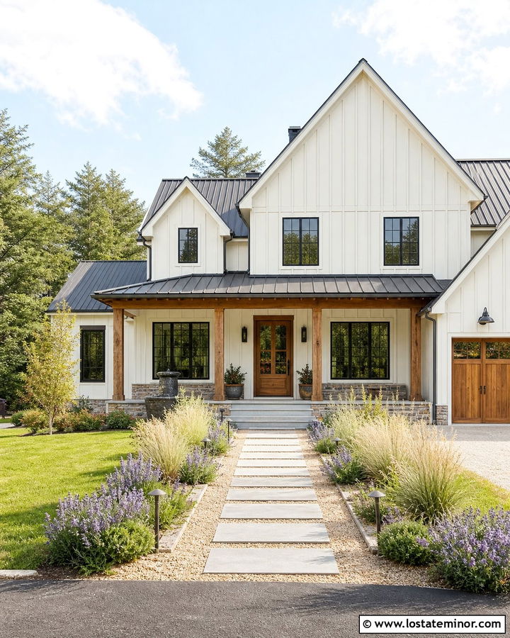 Off White Farmhouse With Gravel And Paver Walkway - 30 Off White House Design With Walkway Ideas