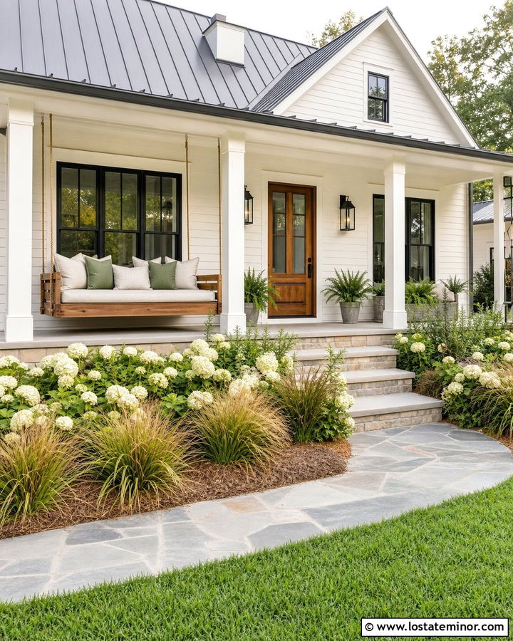 Off White Farmhouse With Hanging Porch Daybed - 30 Off White House Design With Daybed Ideas