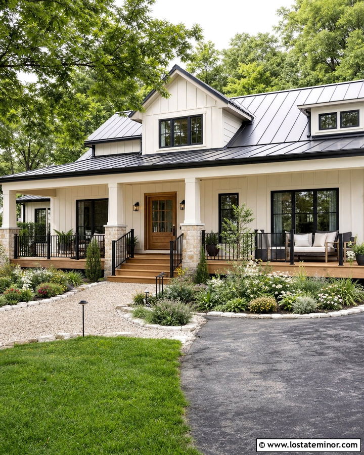 Off White Farmhouse With Honey Oak Deck - 30 Off White House Design With Deck Ideas