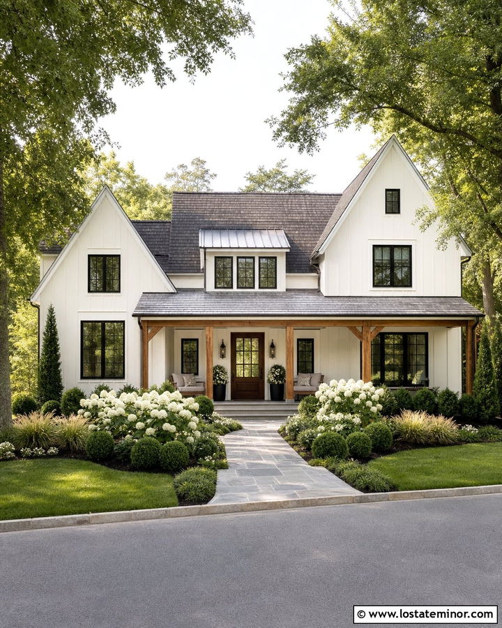 Off White Farmhouse With Hydrangea Landscaping - 30 Off White House Design With Landscaping Ideas