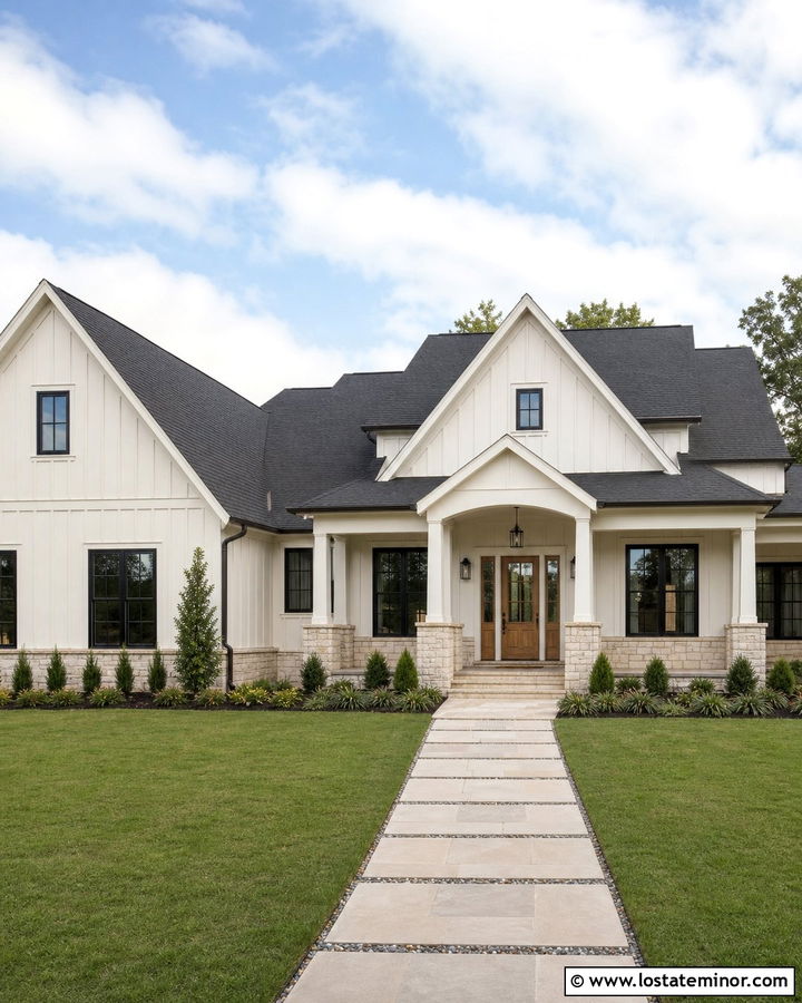 Off White Farmhouse With Limestone - 30 Off White House Design With Stone Accents Ideas