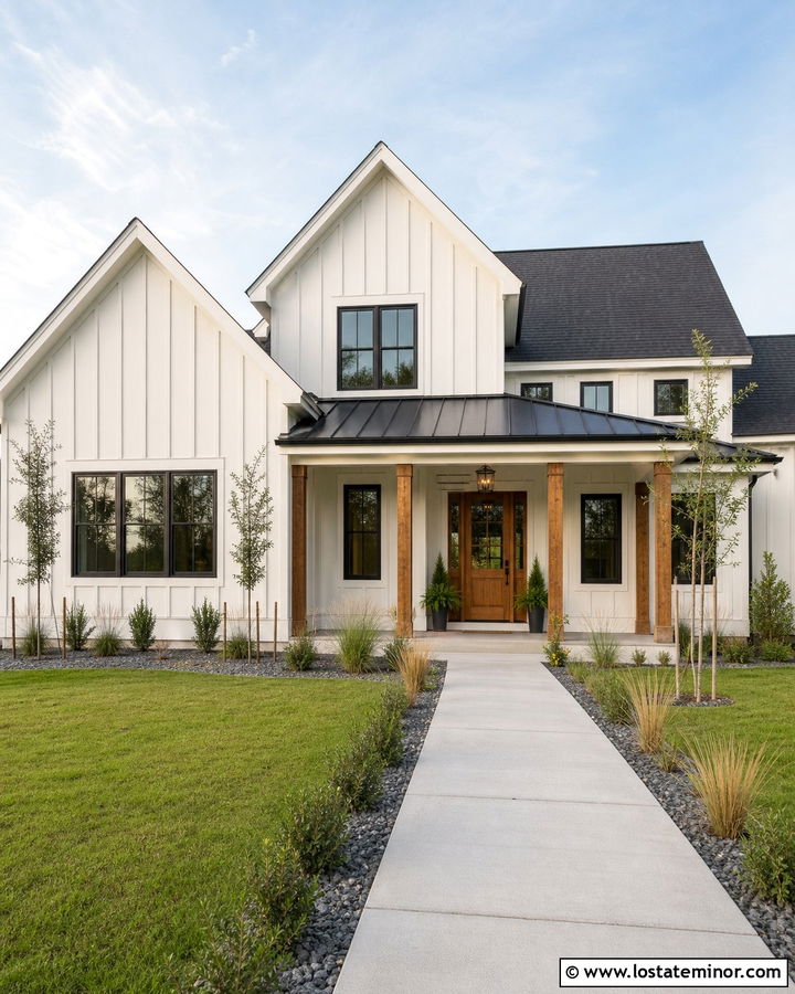 Off White Farmhouse With Metal Roof Portico - 30 Off White House Design With Portico Ideas