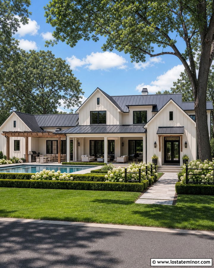 Off White Farmhouse With Rectangular Pool - 30 Off White House Design With Swimming Pool Ideas