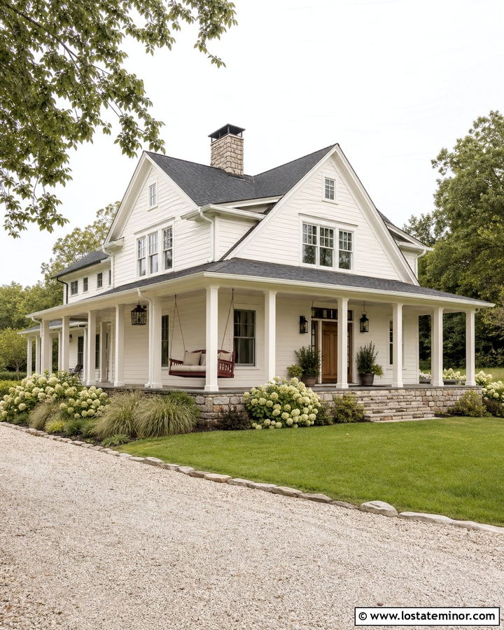 Off White Farmhouse With Red Porch Swing - 30 Off White House Design With Swing Ideas