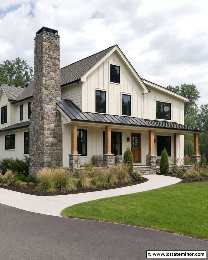 Off White Farmhouse With Stone Chimney - 30 Off White House Design With Chimney Ideas