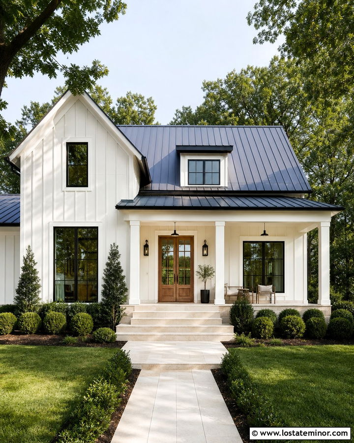 Off White Farmhouse With Wide Stone Steps - 30 Off White House Design With Steps Ideas