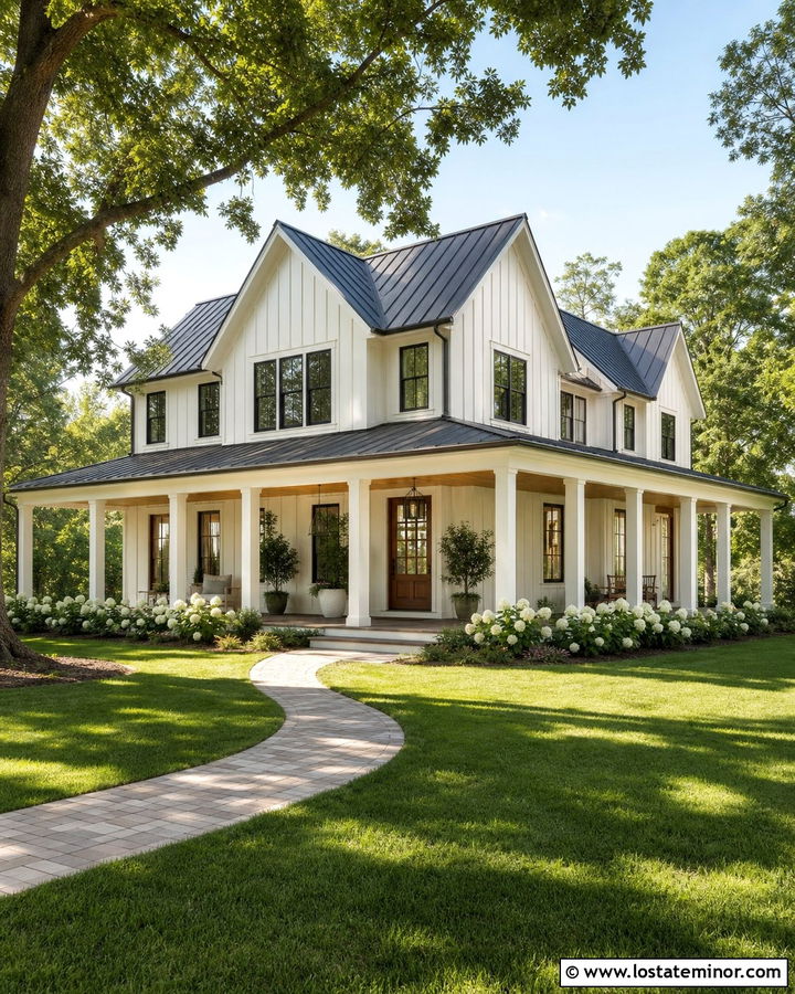 Off White Farmhouse With Wraparound Front Porch - 30 Off White House Design With Front Porch Ideas