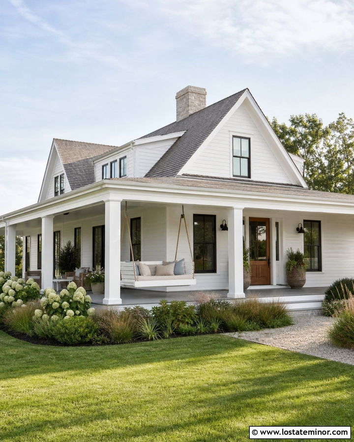 Off White Farmhouse With Wraparound Porch Daybed - 30 Off White House Design With Daybed Ideas