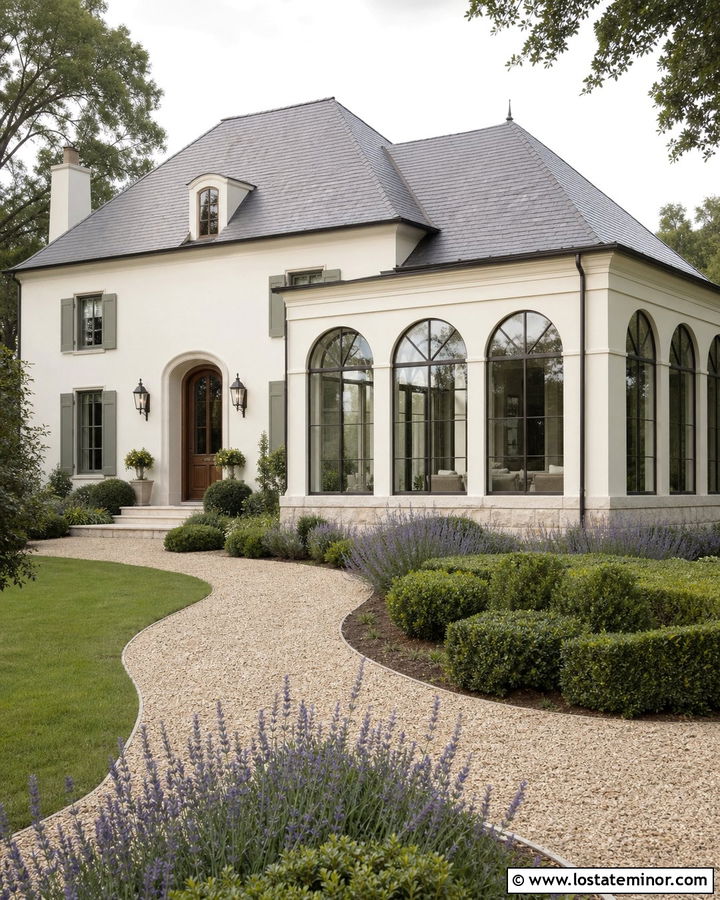 Off White French Country House With Arched Sunroom - 30 Off White House Design With Sunroom Ideas