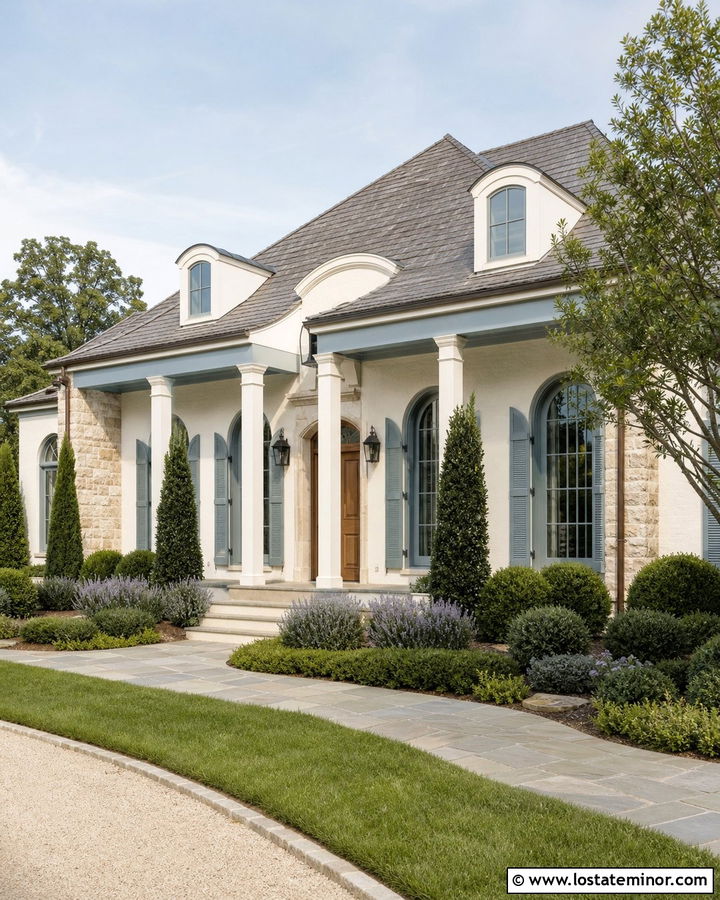 Off White French Country House With Blue Gray Porch Ceiling - 30 Off White House Design With Porch Ceiling Ideas