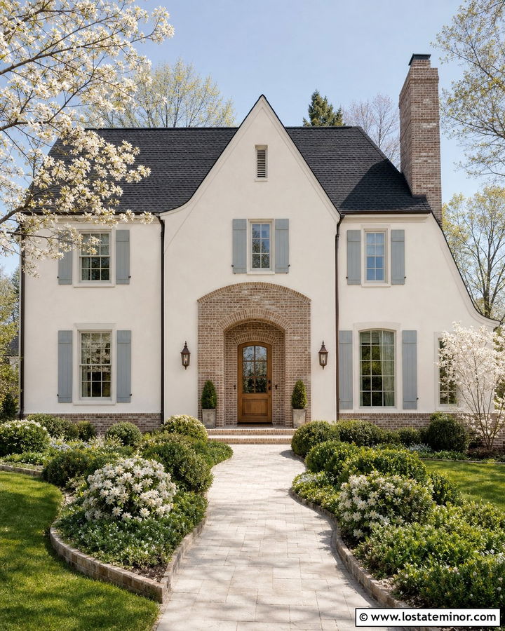 Off White French Country House With Brick - 30 Off White House Design With Brick Accents Ideas