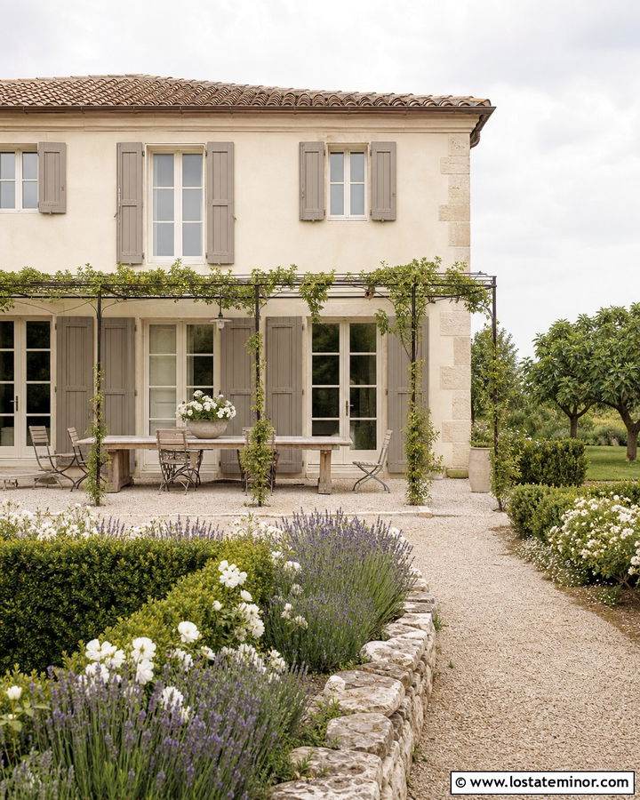 Off White French Country House With Gravel Terrace - 30 Off White House Design With Backyard Ideas