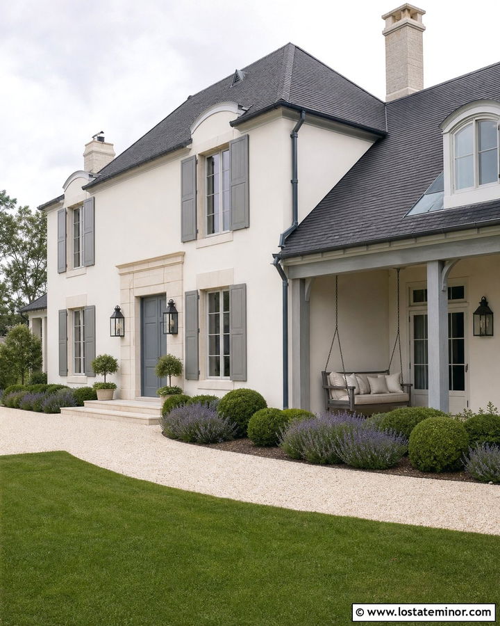 Off White French Country House With Gray Swing - 30 Off White House Design With Swing Ideas
