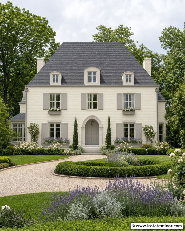 Off White French Country House With Gray Window Boxes - 30 Off White House Design With Window Boxes Ideas