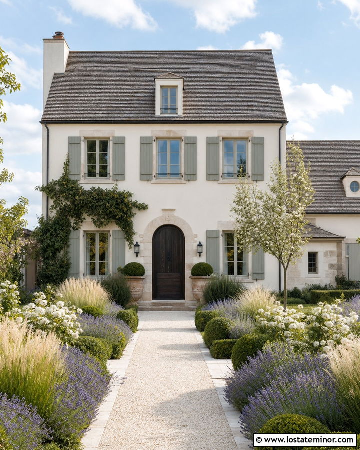 Off White French Country House With Lavender Landscaping - 30 Off White House Design With Landscaping Ideas