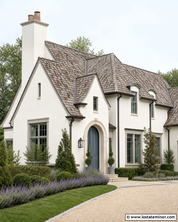 Off White French Country House With Mottled Brown Shingles - 30 Off White House Design With Shingles Ideas