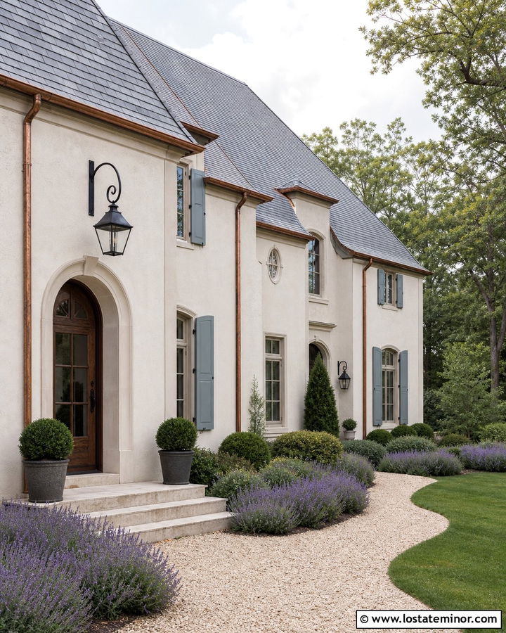Off White French Country House With Scroll Lanterns - 30 Off White House Design With Light Fixtures Ideas