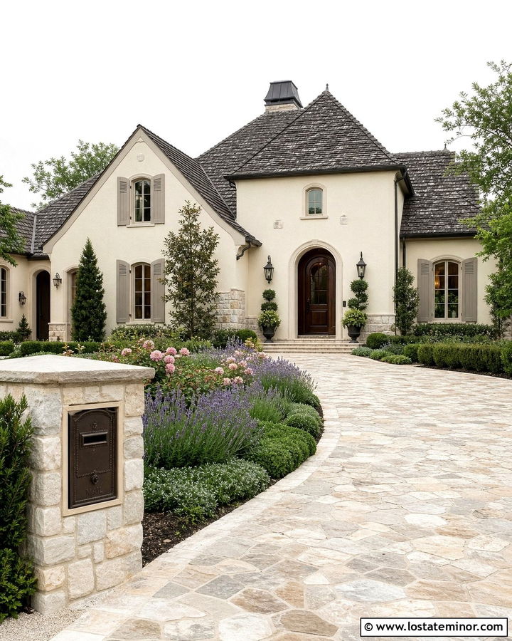 Off White French Country House With Stone Mailbox - 30 Off White House Design With Mailbox Ideas