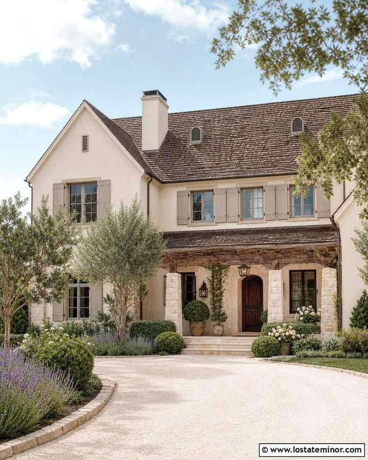 Off White French Country House With Stone Pergola - 30 Off White House Design With Pergola Ideas