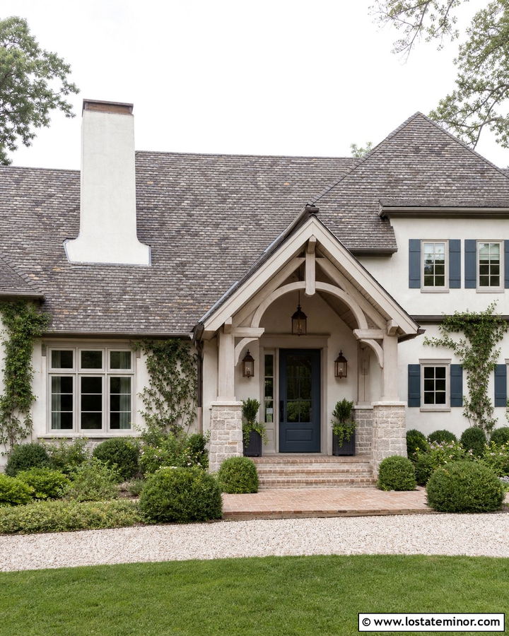 Off White French Country House With Stone Portico - 30 Off White House Design With Portico Ideas