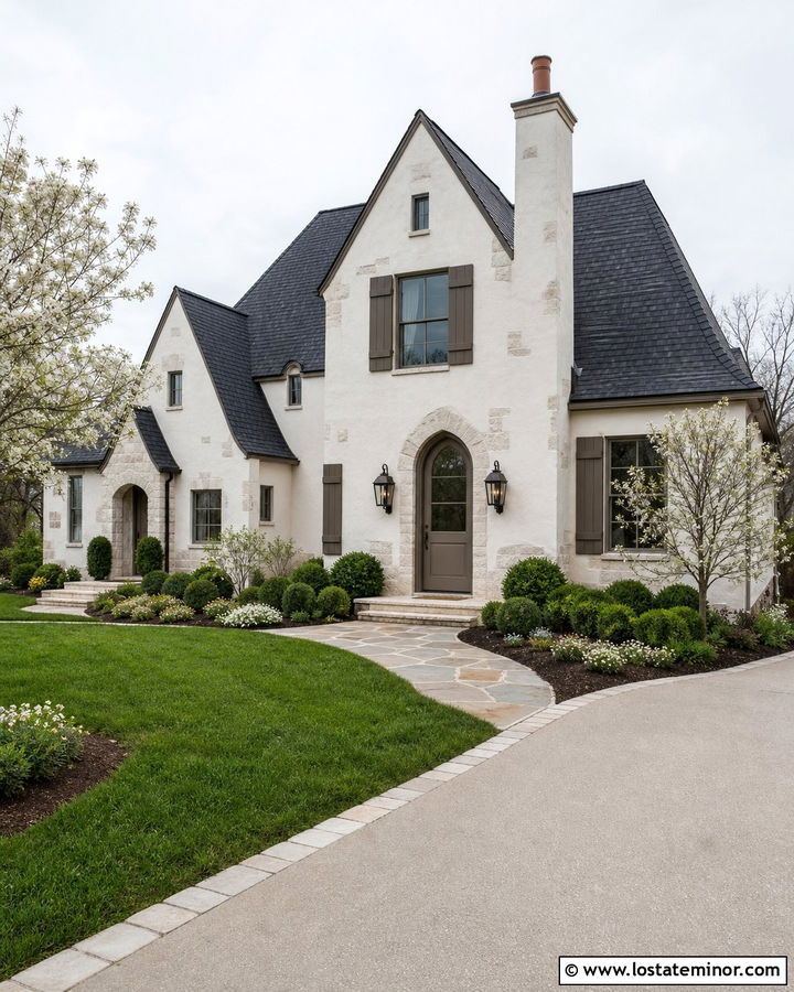 Off White French Country House With Taupe Storm Door - 30 Off White House Design With Storm Door Ideas