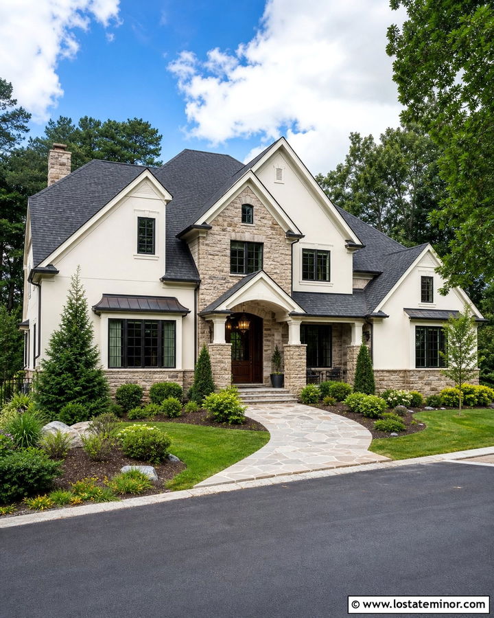Off White Gable House With Stone Accents - 30 Off White House Design With Gables Ideas