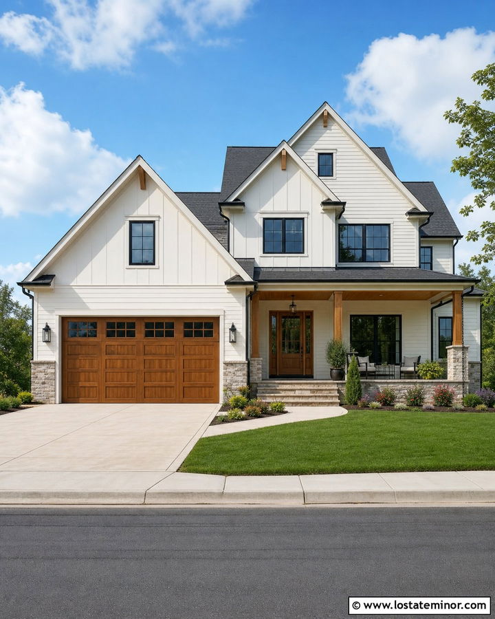 Off White Gable House With a Wood Garage Door - 30 Off White House Design With Gables Ideas