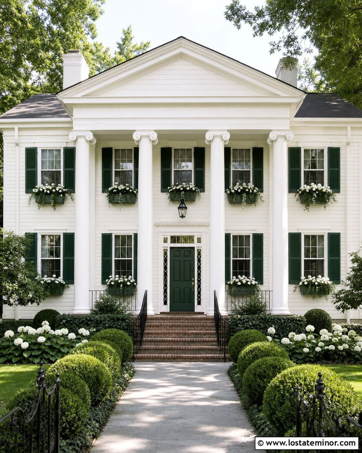 Off White Greek Revival With Forest Green Window Boxes - 30 Off White House Design With Window Boxes Ideas