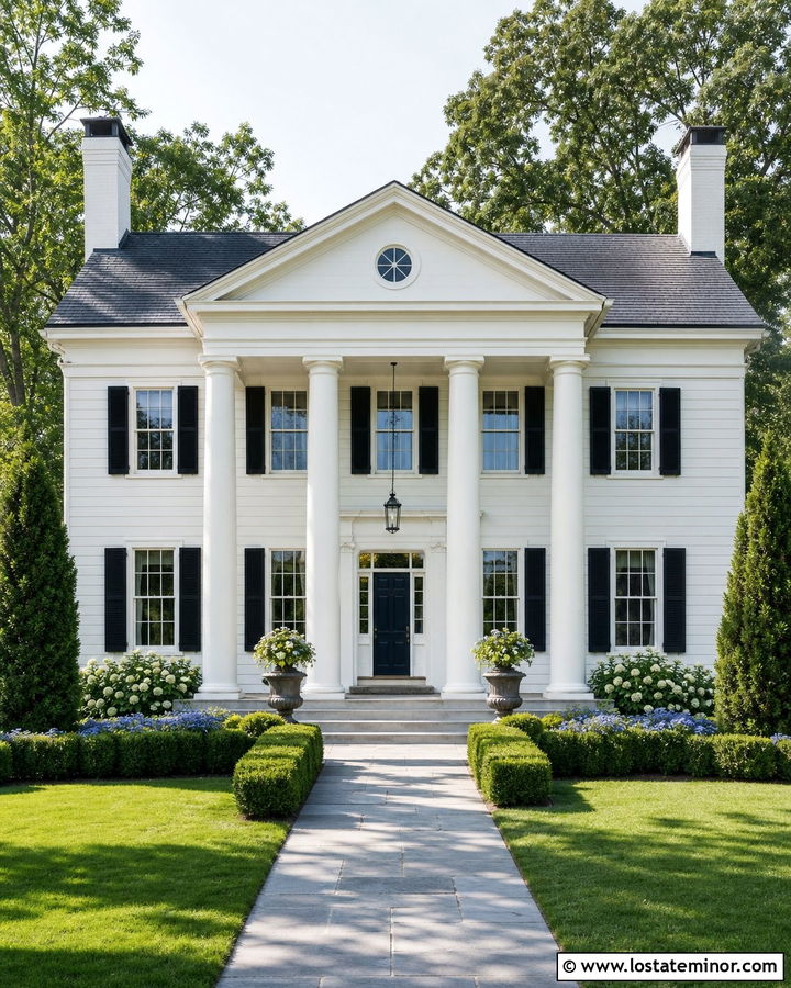 Off White Greek Revival With Formal Landscaping - 30 Off White House Design With Landscaping Ideas