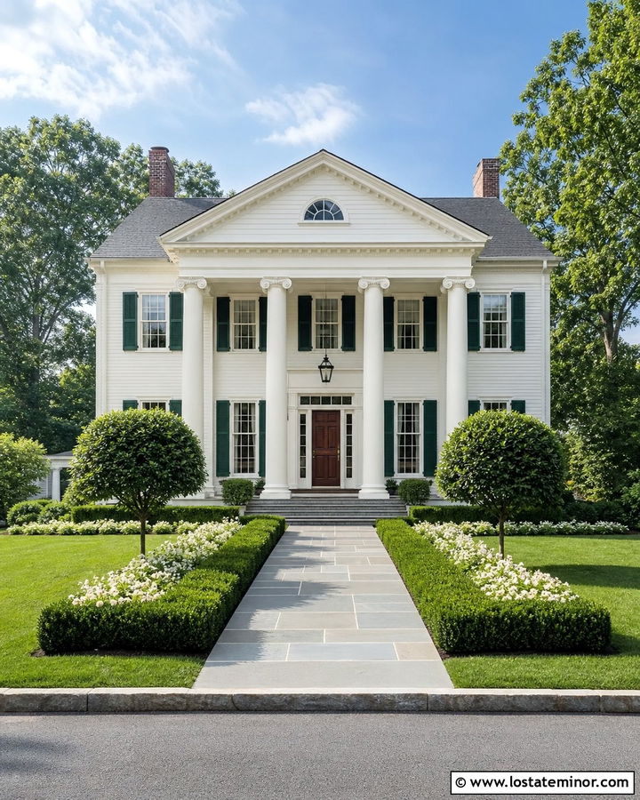 Off White Greek Revival With Formal Stone Walkway - 30 Off White House Design With Walkway Ideas