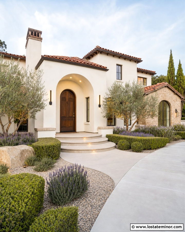 Off White House With Arched Entry Lighting - 30 Off White House Design With Lighting Ideas