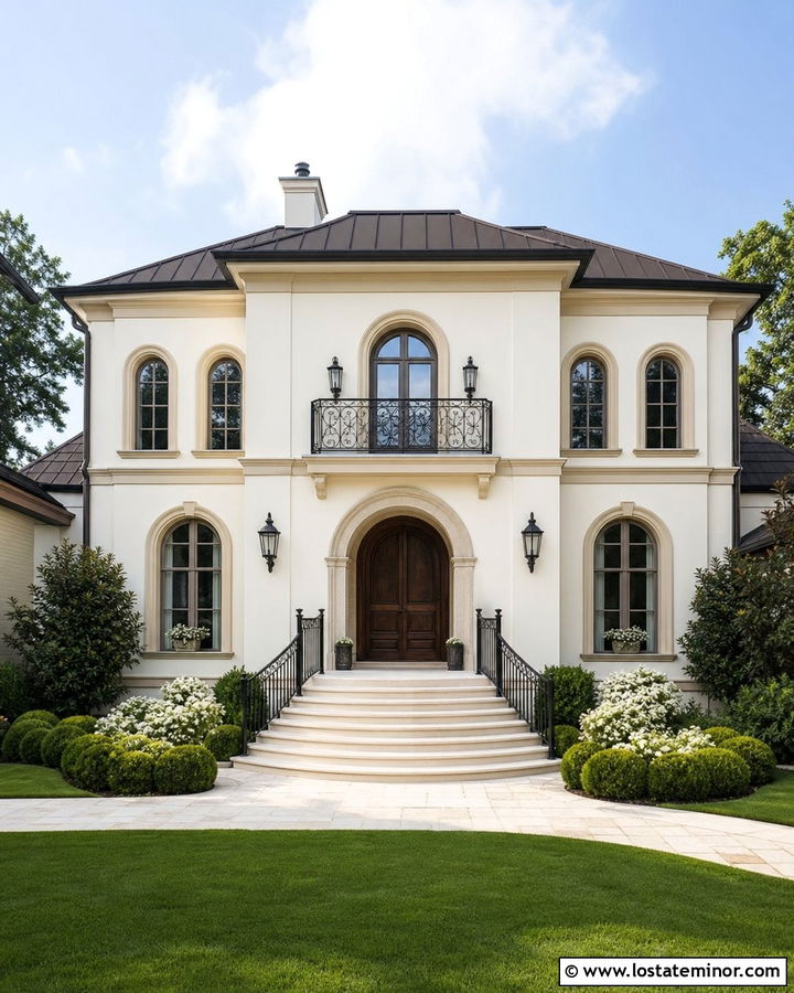 Off White House With Arched Entry Steps - 30 Off White House Design With Steps Ideas