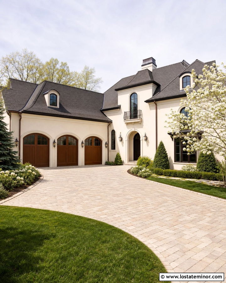 Off White House With Arched Garage Door - 30 Off White House Design With Garage Door Ideas