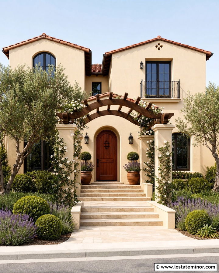 Off White House With Arched Pergola - 30 Off White House Design With Pergola Ideas