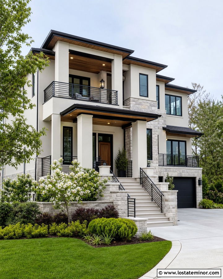 Off White House With Balcony And Stair Railings - 30 Off White House Design With Railings Ideas