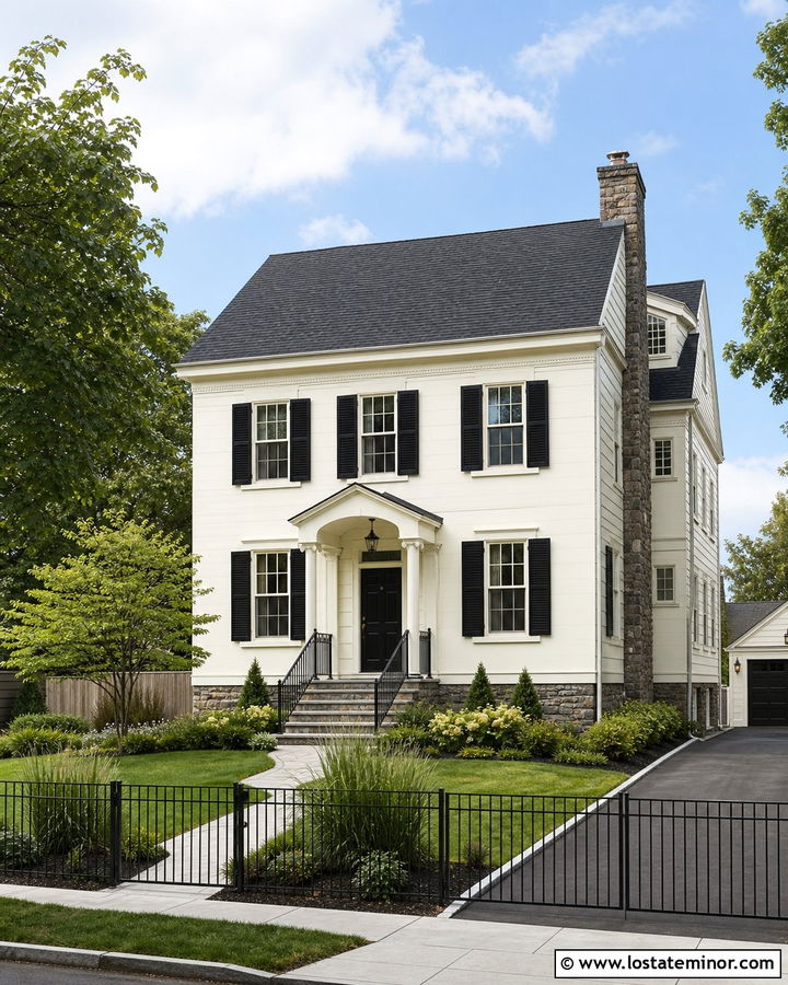 Off White House With Black Aluminum Fence - 30 Off White House Design With Fence Ideas