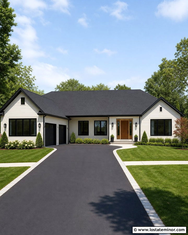 Off White House With Black Asphalt Driveway - 30 Off White House Design With Driveway Ideas
