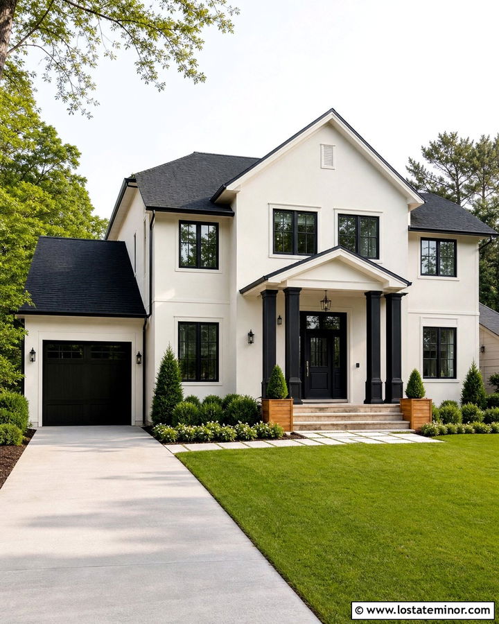 Off White House With Black Column Portico - 30 Off White House Design With Portico Ideas