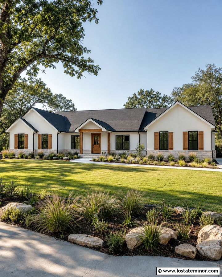 Off White House With Black Frames And Cedar Shutters - 30 Off White House Design With Window Frames Ideas
