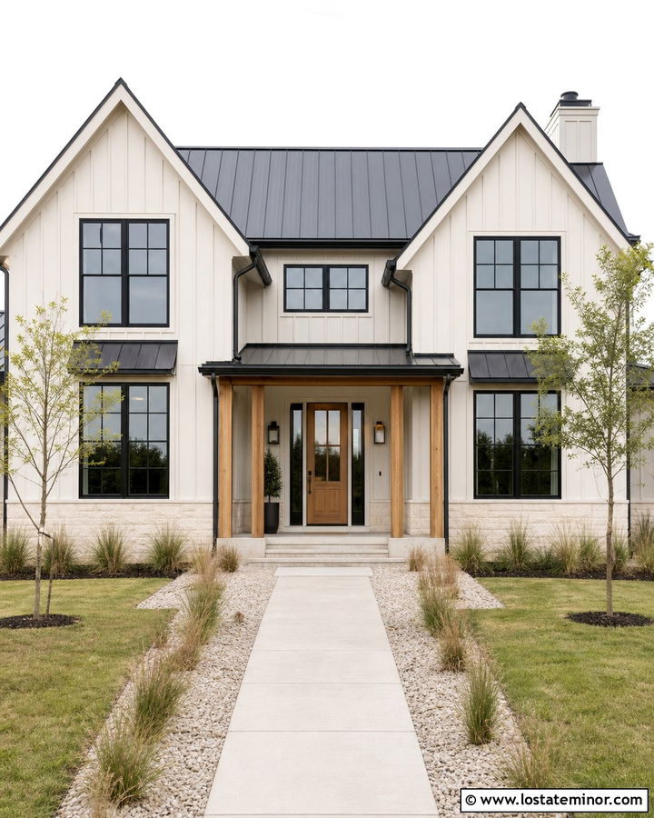 Off White House With Black Frames And Metal Roof - 30 Off White House Design With Window Frames Ideas