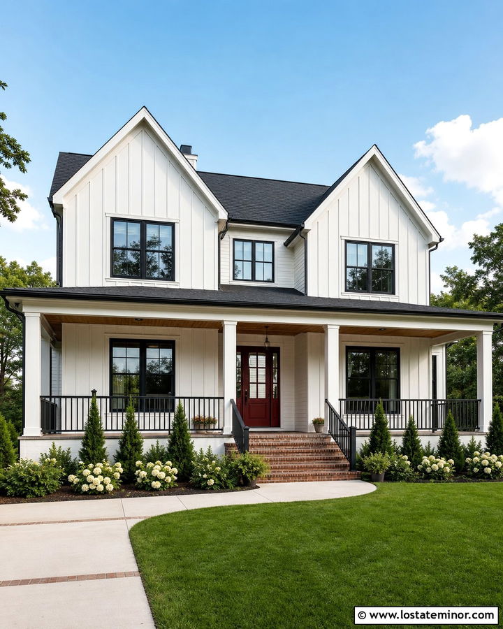 Off White House With Black Frames And Red Door - 30 Off White House Design With Window Frames Ideas