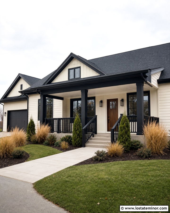 Off White House With Black Front Porch - 30 Off White House Design With Front Porch Ideas