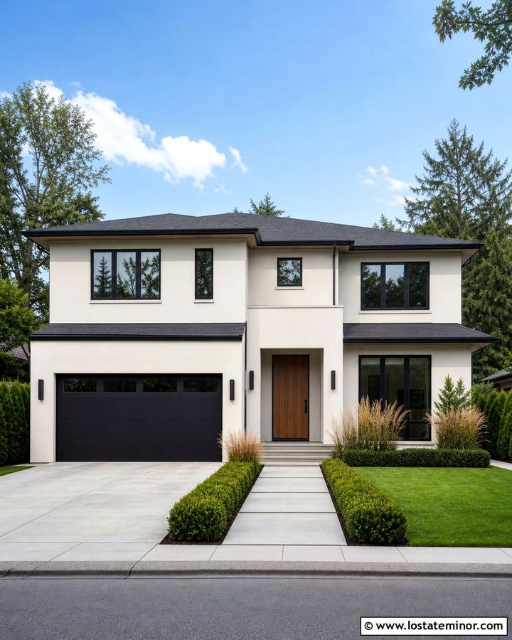 Off White House With Black Garage Door - 30 Off White House Design With Garage Door Ideas