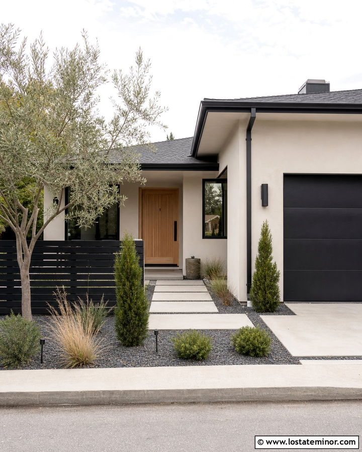 Off White House With Black Horizontal Fence - 30 Off White House Design With Fence Ideas