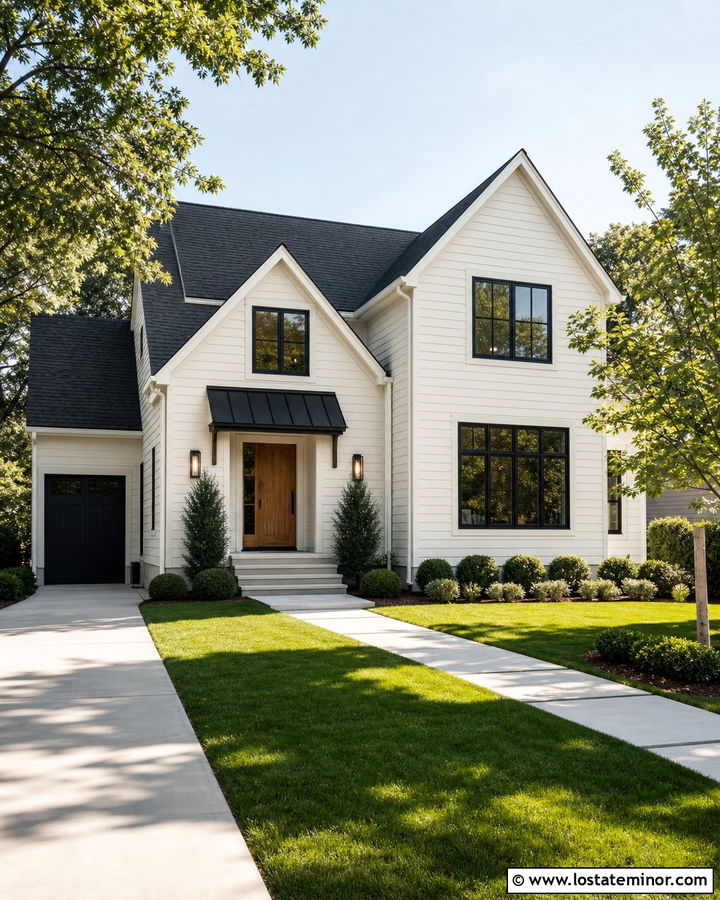 Off White House With Black Metal Awning - 30 Off White House Design With Awning Ideas