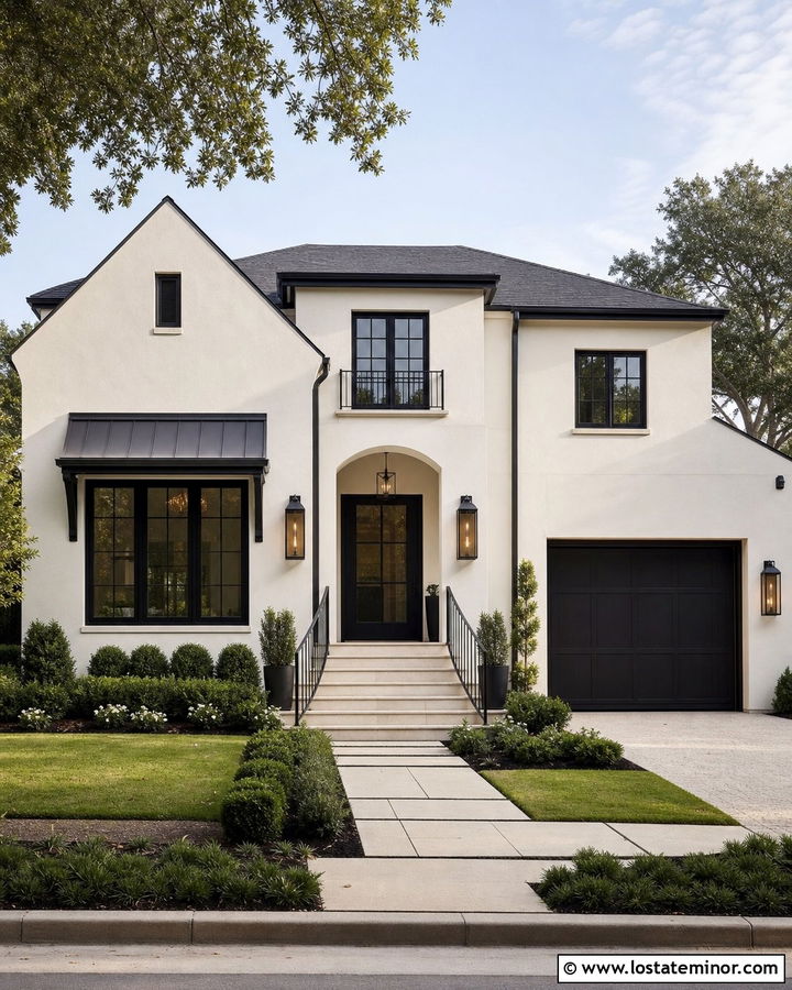 Off White House With Black Metal Railings - 30 Off White House Design With Steps Ideas
