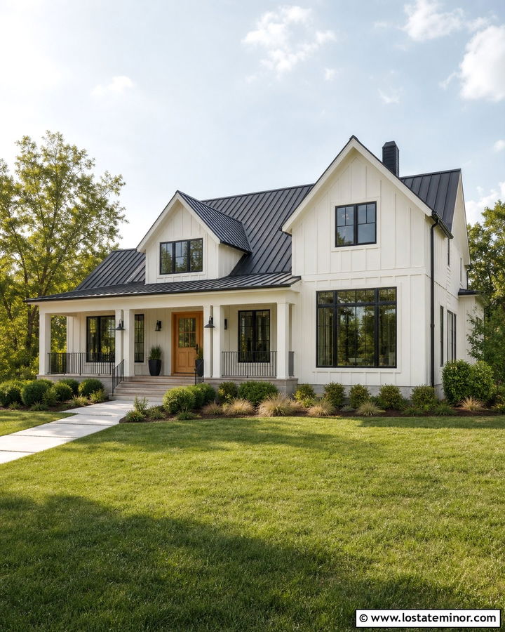 Off White House With Black Metal Railings - 30 Off White House Design With Railings Ideas