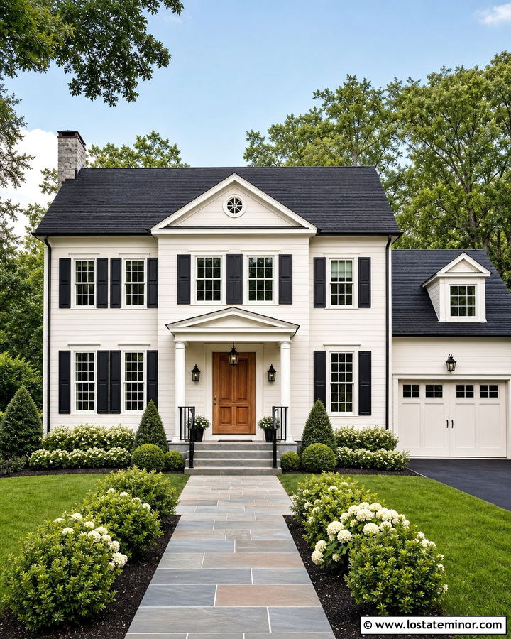 Off White House With Black Shutters And Wood Door - 30 Off White House Design With Shutters Ideas